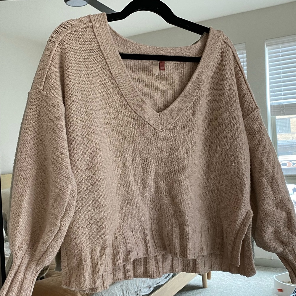 Cozy V-Neck Sweater in Tan, Pilcro by Anthropologie